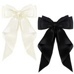 ZEVONDA Pack of 2 Big Bow Hair Clips - Solid Color Large Bowknot Hairpin Hair Clip with Long Silky Satin Tail Hair Barrettes Accessories for Girls Women, Black + Milky White