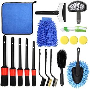 GUANJUNE 18Pcs Car Wash Cleaning Kit with Wash Mitt Sponge Towels, Tire Brush Tool Set, Interior Exterior Car Care Detailing Set for Car Motorcycle Bike Cleaning Wheels, Engine, Emblems, Air Vents