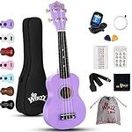 Winzz Soprano Ukulele Starter Kit For Beginners with Bag, Clip-On Tuner, Extra Strings, Strap, Plectrum, Fret Stickers, Chords Card, Polishing Cloth (21" Soprano, Purple)