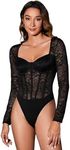 SweatyRocks Women's Sheer Floral Lace Long Sleeve Bodysuit Tops Sweetheart Neck Jumpsuit Solid Black Medium