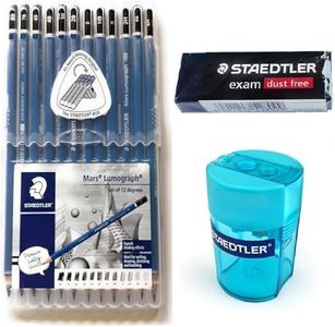 Wooden Lead Pencil by Staedtler Mars Lumograph - Pack of 12 Degrees in Practical Plastic Storage Box with Staedtler Tub Sharpener and Rasoplast Eraser