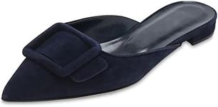 Divanne Mules for Women, Buckle Flat Mules Pointed Toe Backless Mule Slides Suede Slip On Loafers-Navy Blue-Suede-11M US