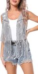 SEAUR Womens Sequins Fringe Waistcoat Cowboy Glitter Vest with Fringes Sleeveless Open Front Sparkly Tassel Jacket Cardigan Tops, Silver L