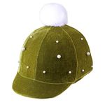 Harrison Howard Equestrian Riding Helmet Cover Sleek Velvet Pearl & Pom Pom Olive Green