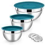 Herogo Mixing Bowl with Airtight Lids, Stainless Steel Salad Bowl Set of 3, Kitchen Metal Nesting Bowl with 3 Grater Attachments for Baking/Cooking, Space-Saving & Easy Storage, Dishwasher Safe