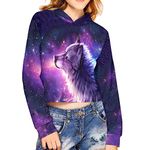 Showudesigns Galaxy Wolf Girls Cropped Hoodies Long Sleeve Crop Top Sweatshirts 10-12 Years Activewear Pullover Thin Fall Spring Clothes Casual shirts Outfits Sweater Purple Pink