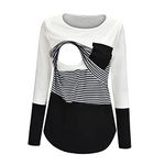 AMhomely UK Stock Clearance Maternity Round Neck Stripe Patchwork Long Sleeve Breast Feeding Pregnant Woman Nursing Blouse Tops T-Shirt, Black 1