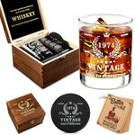 Pagather 50th Birthday Gifts for Men - Vintage 1974 Whiskey Glass Set, 50 Years Old Anniversary Ideas for Him, Dad, Husband, Include Wood Box, Recipe, Stones, Coaster, Stone Holder, Clamp