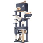 Hzuaneri 203 cm Cat Tree for Indoor Cats, Multi-layer Scratching Post with Large Platform, 2 Caves, 7 Sisal Posts, Pompoms, Cat Basket, Hammock, Suitable for Cats, Dark Grey MS20318SG