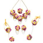 ZENEME White Pearl Beaded Gota Patti Floral Beaded Haldi & Mehendi Necklace With Earrings, Maang Tikka & Bracelet Jewellery Set For Girls and Women (Pink)