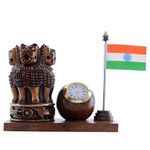 MV Son's Pen Stand For Office - Table Decorative Items Home Clock Mounted Wooden Pencil Holder With National Flag And Ashok Stambh Pillar Antique Finish, Stationary, Brown