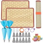 Macaron Silicone Baking Mats(21Pcs), Nonstick 2 Half Sheet Baking Mat (42x 29.5cm/16.5’’ x11.6’’) for Macaron/Cookie/Bread/Cake Heat-Resistant Baking Supplies with Reusable Pastry Piping Bag Piping Tip