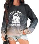 SUNFLYLIG This Is Some Boo Sheet Halloween Sweatshirt for Women Funny Ghost Graphic Shirt Spooky Season Long Sleeve Tops, Bleach/Grey, Small