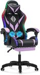 HOFFREE RGB Gaming Chair with Speakers and Massage Ergonomic Computer Chair with Lights and Footrest Reclining Video Game Chairs for Adults Purple and Black