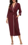 Vlazom Womens Dressing Gown Soft Kimono Robe V-Neck Long Knit Bathrobe Nightwear Sleepwear for All Seasons, Style A- Burgundy, M