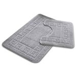 VELVETIO Bath Mat Set 2 Piece Machine Washable for Bathroom, Jacquard Greek Non Slip Quick Dry Shower Rugs & Bathtub Mats, Highly Water Absorbent 100% Polypropylene Toilet Rug Sets, Silver