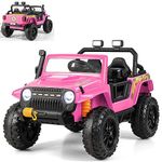 GYMAX Kids Ride on Car, 12V Battery Powered Car with Remote Control, Lights, Music, Horn, Storage Box, Safety Belt & Slow Start, Children Electric Truck for 3 Years Old +, Max Weight 100kg (Pink)