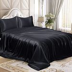 Homiest 4pcs Satin Sheets Set Luxury Silky Satin Bedding Set with Deep Pocket, 1 Fitted Sheet + 1 Flat Sheet + 2 Pillowcases (Queen Size, Black)