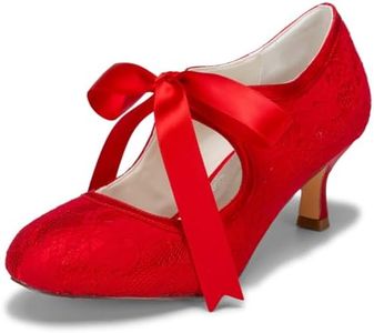 JIAJIA 140311 Women's Bridal Shoes Closed Toe Stiletto Heel Lace Satin Pumps Ribbon Tie Wedding Shoes Color Red,Size 6.5 B(M) US/37 EU