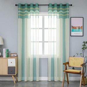 GIRASOLE HOME Coppia Tende Voile Semi Trasparenti a Righe Tenda per Soggiorno Camera Cameretta Cucina e Interni 2 Pannelli con Occhielli (140x270cm, Verde+Giallo)