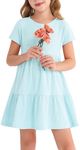 HOOGRIN Girls Waffle Knit Button Detail Tiered Dresses Short Sleeve Casual Sun Beach Dress,Blue,9-10 Years