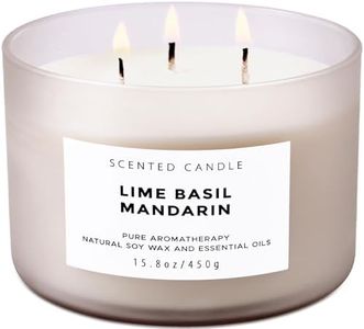 Lime Basil Mandarin Scented Candle - Large 3 Wick Soy Candle 15.8 oz - Aromatherapy Candle for Stress Relief - Fresh Citrus Scented Candles - Long Lasting Clean Burn - Gift for Women & Men