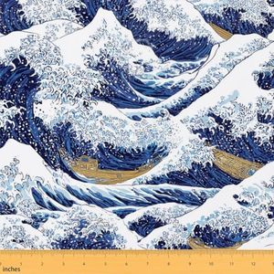 Japanese Wave Fabric By The Yard Cartoon Ocean Upholstery Fabric Fishing
