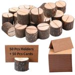 PLAZOTTA 50 Pack Rustic Wooden Place Card Holders with 50 Kraft Cards, Table Number Holder, Photo Display Stand, Memo Card, Food Label Holder for Wedding, Party