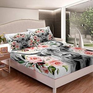 Erosebridal Highland Cow Flower Fitted Sheet Twin Size Bull Cattle Bedding Set Bedroom Decorative Western Funny Animal Bed Cover Wildlife Farmhouse Cow Fitted Sheet Rose Grey Marble Bed Cover