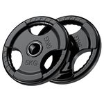 PhysKcal Olympic Weight Plates 2 x 5kg with Rubber Finish 2’’ Opening and Tri-Grips, Black Barbell Plates Discs for Lifting and Strength Training, Solid Cast Iron Core Weights Set for Barbell