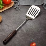SHIDHMI Stainless Steel Slotted Spatula - Kitchen Metal Turner for Cooking with Wooden Handle Kitchen Slotted Spatulas (Pcs of 1 Slotted Spatula, SUS 304 Handle)