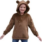 GORLYA Girls Long Sleeve Casual Cute Teddy Bear Hooded Sweatshirt Plush Pullover Tops for 4-14T(GOR1064, 9-10Y, Brown)