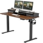 FEZIBO Electric Standing Desk with Glass Top Monitor Stand,140 * 67cm Adjustable Sit Stand Up Table with Double Drawer, Sit Stand Desk with Storage Shelf, Black Frame/Black Walnut Top