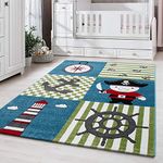 Bravich Kids Nursery Rug Small Medium Red/Green/Blue/GreyPirates Boat & Anchor Design Pastel Colours Super Soft Thick Anti-Allergic Children's Bedroom Nursery Area Rug 80x150 cm (2ft7 x 4ft11)