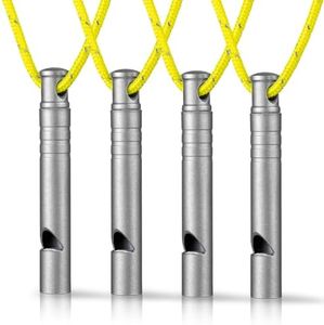 TISUR Titanium Emergency Whistle,120db Safety Whistle with Lanyard,Outdoor Survival Small Whistle for Life Saving,Hiking,Pets Training,Coach Sports (Gray-4PCS)