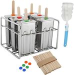 LuckyHigh 6 Sets Stainless Steel Popsicle Molds Rack and Accessories, Rust-Resistant Popsicle Maker, 6pcs Leak-Proof Silicone Seals, 50pcs Wooden Sticks and Bonus Cleaning Brush