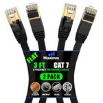 Maximm Cat7 Flat Ethernet Cable - 3 Ft. - Black - 2 Pack - RJ45 Gold-plated Connectors. 600 MHz, For Computers Network Components - Includes Cable Ties, Labels and Clips