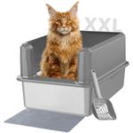 Stainless Steel Litter Box, XXL Metal Cat Litter Box with High Enclosed Side for Big Cats, Large Cat Litter Box, Non-Stick, Anti-Leakage, Easy Clean, Include Footboard, Litter Scoop & Litter Mat(Gray)