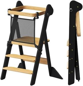 COSYLAND Foldable Standing Tower for Toddlers – IF Design Awarded Height Adjustable Kitchen Step Stool with Safety Net – Toddler Learning Helper Stool for Kitchen/Bathroom,Foldi (Black & Natural)