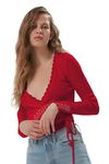 SIGHTBOMB Cotton Blend Lace Trim Wrap Around Tie Asymmetric Neck Cardigan For Women (Small, Red)