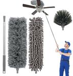 Hallstatt 3 In 1 Microfiber Feather Ceiling Duster For Home Cleaning 100 Inch Long Handle Bendable,Extendable And Adjustable Dust Cleaner Brush For High Roof Cobweb Furniture Fan Mop Set (King),Grey