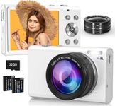 Digital Camera, 4K Digital Camera with Wide Angle Lens, 64MP Autofocus 16X Digital Zoom YouTube Compact Point Shoot Vlogging Camera for Teens/Beginners, 32GB Card, 2 Batteries(White)
