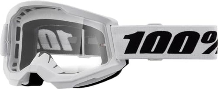 100% Strata 2 Goggles | Mirrored & Clear Lens Options | MTB/MX Goggles – Anti-Fog, Sweat-Absorbing Foam, Silicone Strap | Adult Off-Road Riding Eyewear Protection (White, Clear Lens)
