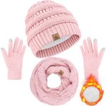 Winter Beanie Hat Scarf Gloves, Warm Fleece Knit Winter Hats Touch Screen Gloves Neck Scarf Set Winter Gifts for Unisex Adult, Light Pink