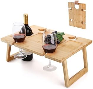 Peohud Portable Wine Picnic Table, Foldable Champagne Picnic Snack Table Tray, Wooden Outdoor Picnic Table with Glass Holder for Park, Beach, Camping, Bed, Wine Lover Gift