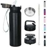 OLDLEY Stainless Steel Water Bottle with Straw 1L Vaccum Insulated Large Drink Flask Metal Water Bottles 1 Litre Leakproof Keep Drinks Hot Cold for Bike Sports Gym with Different Lids(Black, 3 Lids)