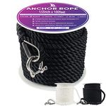 Premium Anchor Rope 100 ft x 1/2 inch, 3 Strand Nylon Anchor Line Boat Rope Marine Rope,Boat Anchor Rope with Thimble & Shackle - Black