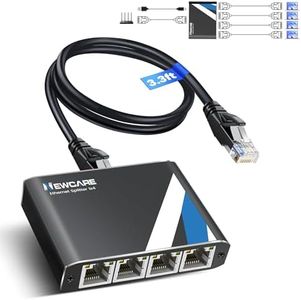 NEWCARE Gigabit Ethernet Splitter 1 to 4 with 3.3ft LAN Cable, 1000Mbps High Speed 1 in 4 Out RJ45 Multi Port Internet Splitter for Cat5e/6/7/8, 4 Devices Simultaneously Networking, Plug & Play