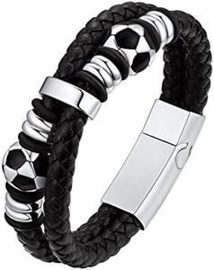Mens Sports Leather Bracelets Stainless Steel Soccer Bead Braceletsfor Men Sport Fans, Wirstbands for Dad/Husband/Son/Soccer Lover, Must Have Jewelry for World Cup, Size 8.3"