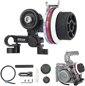 Nitze Mini Follow Focus Kit with 3 Reversible Drive Gears, 2 Marking Disks, Gear Ring Belt, 15mm Rod and 15mm Rod Clamp with NATO Rail, Support A/B Hard Stops and 360° Infinity Zoom - MF15C